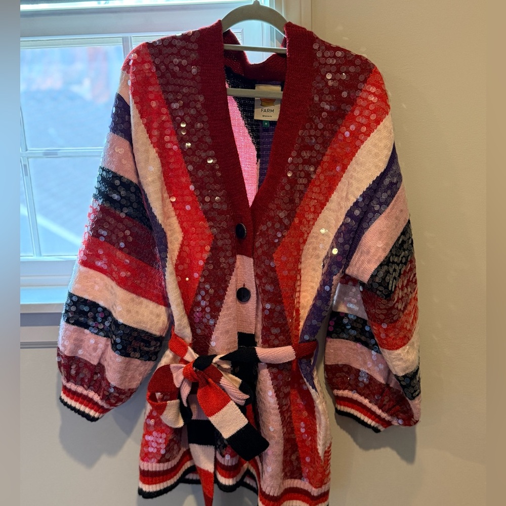 Farm Rio Colorful Stripes sequin belted cardigan, size medium
